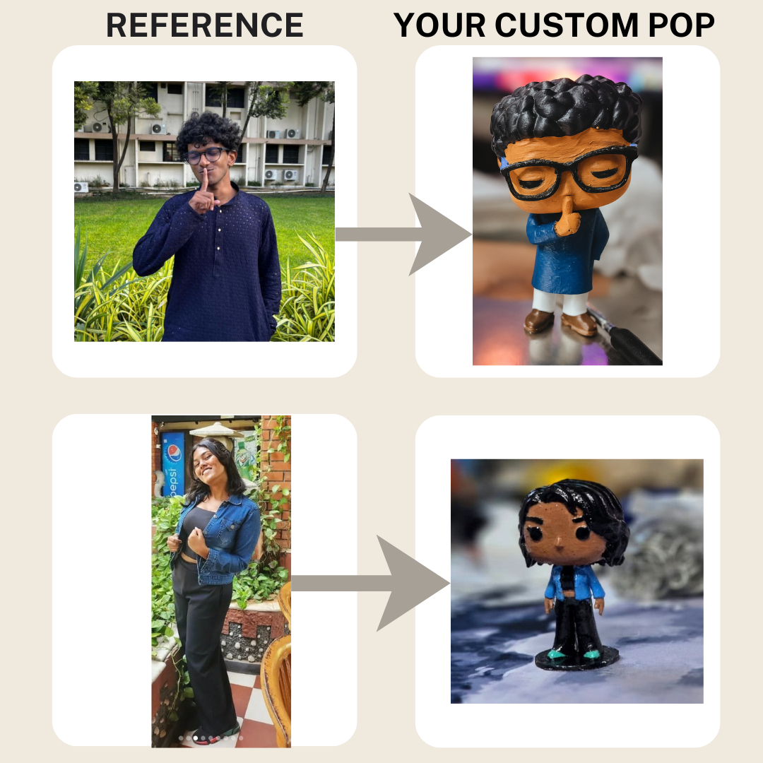 Reference photos beside the finished custom figurines, showing how a photo becomes a figurine