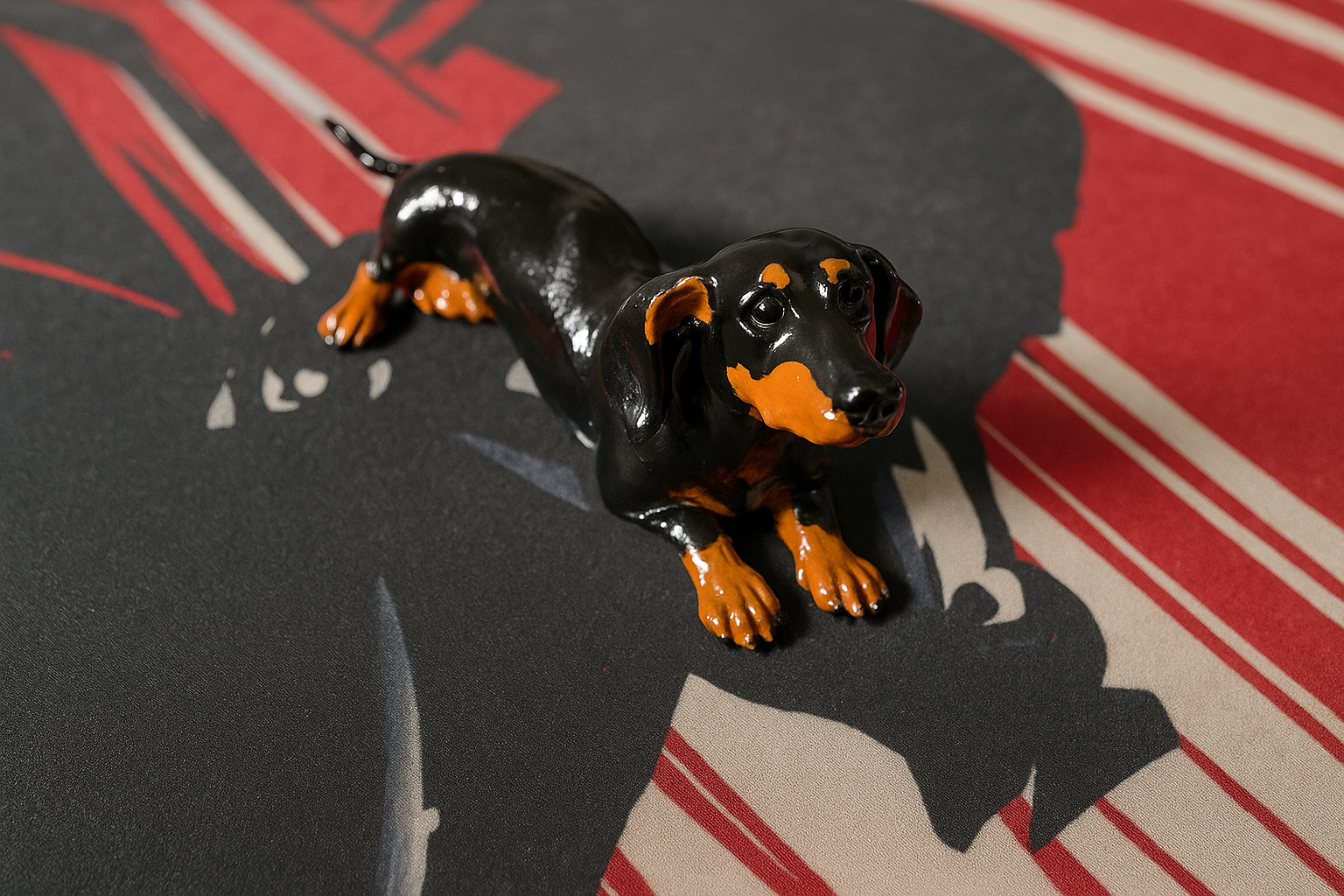 Personalised dachshund figurine styled on a striped rug, shown at desk scale