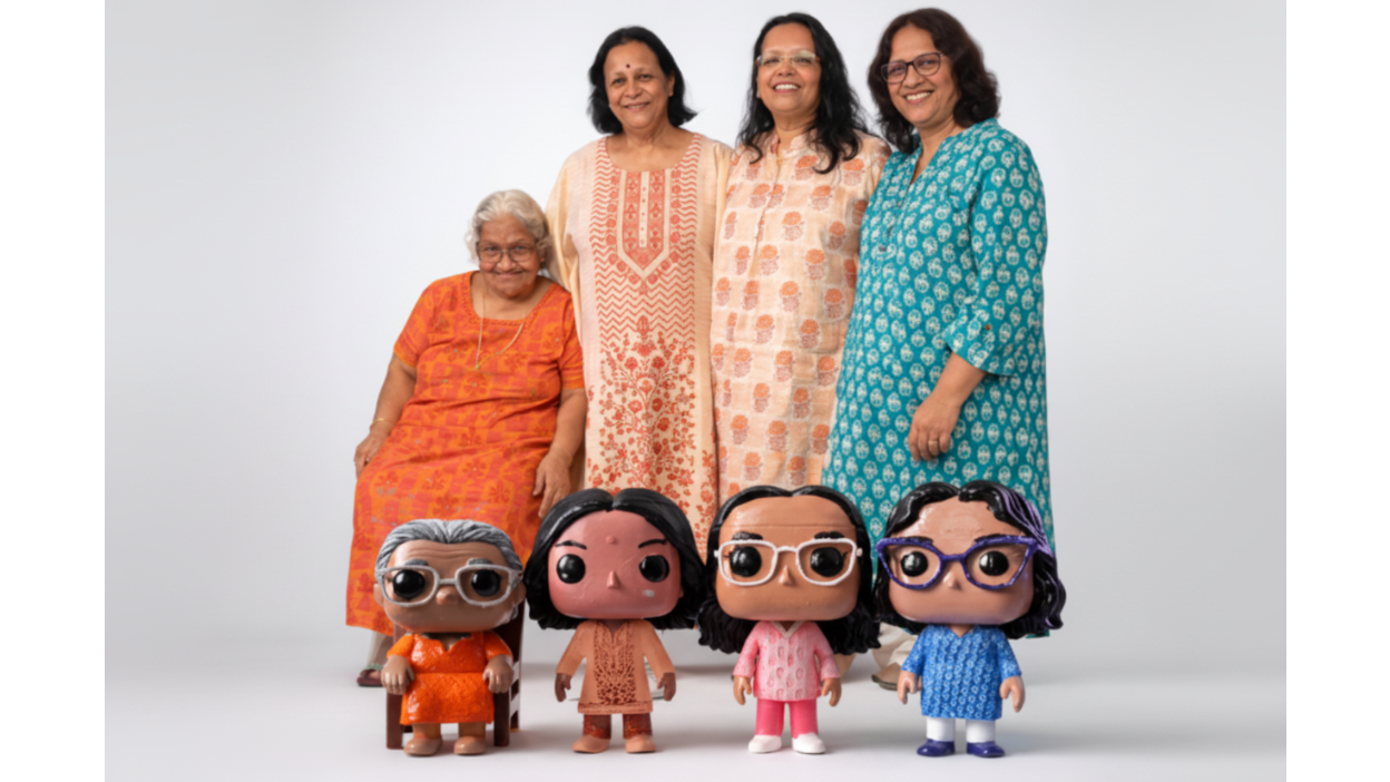 Custom family figurine set of five people in coordinated outfits, 3D printed and hand-painted