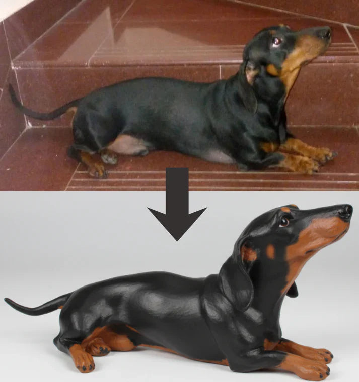Before and after: a customer's dachshund photo above the finished custom figurine
