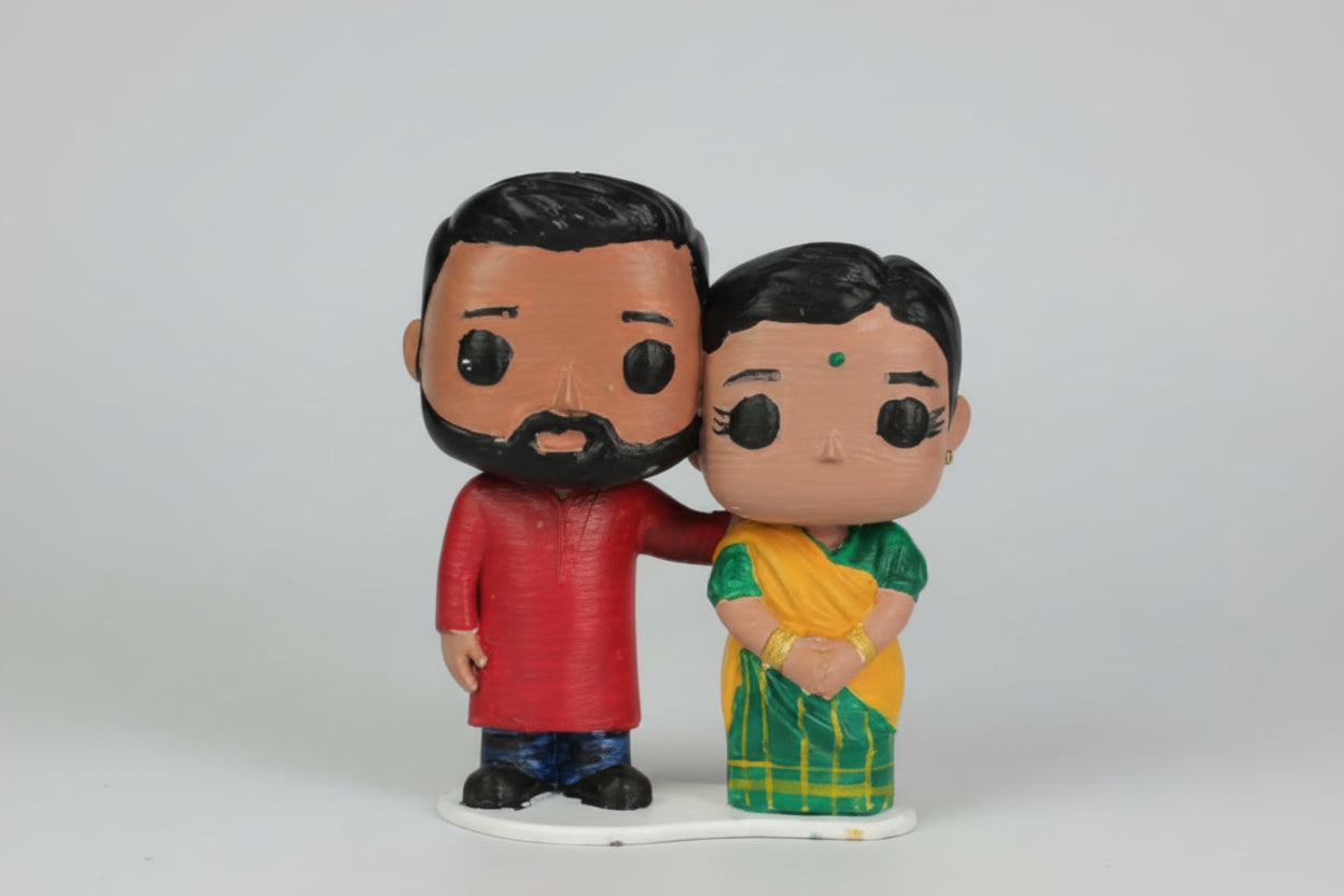 Custom couple figurine set of two people in traditional Indian outfits, hand-painted