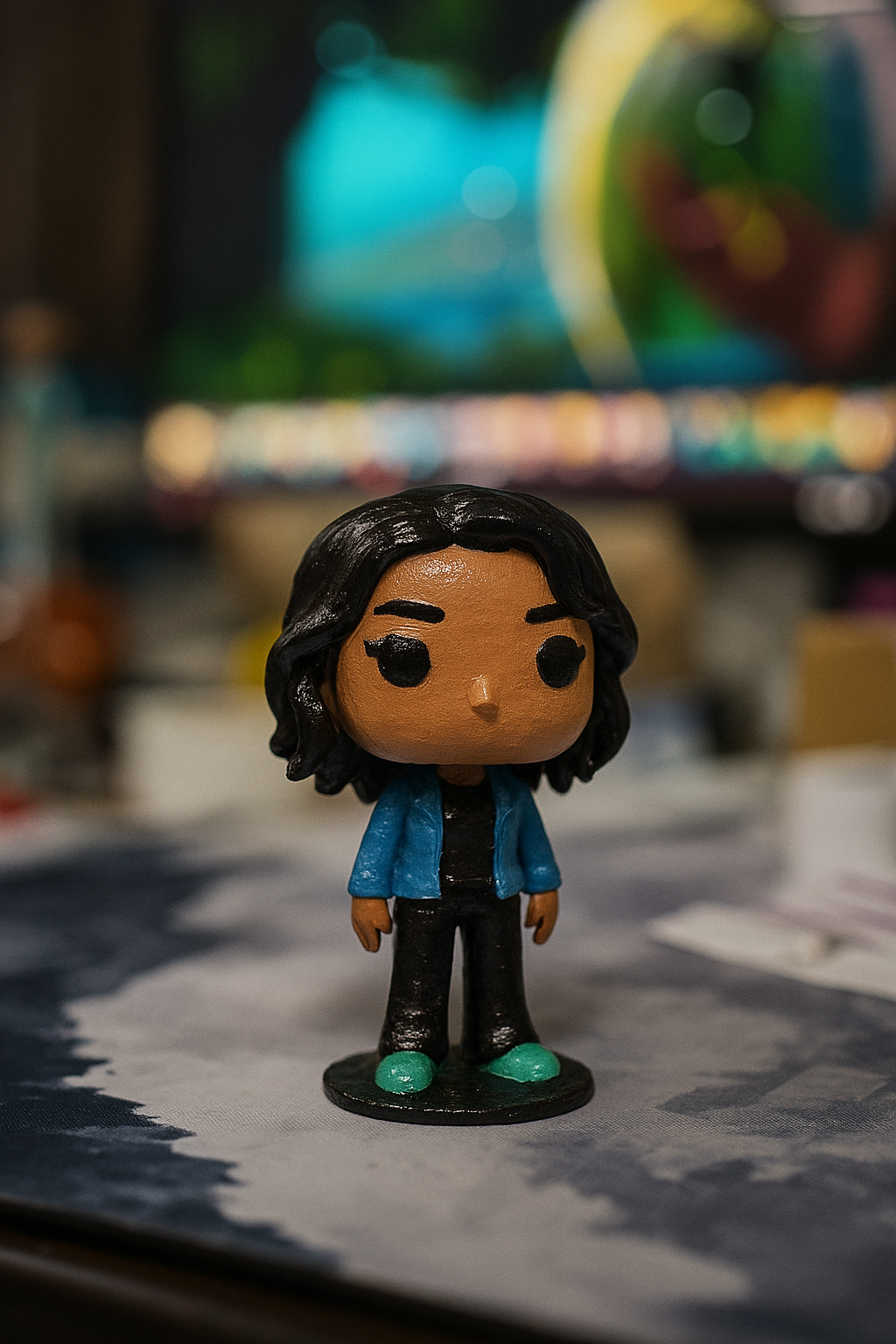Custom chibi figurine of a woman with long hair, shown on a desk at actual size